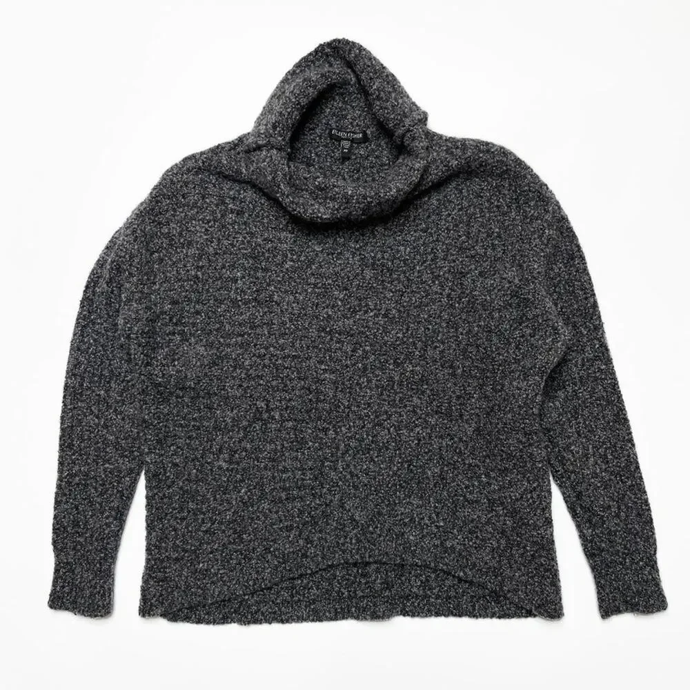 Eileen Fisher Cowl Neck Boucle Long Sleeve Pebble Grey Knit Sweater XS Petite